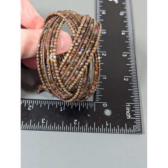 Boho Western Bronze Tone Glass Bead Braided Wide Cuff Bracelet 6.5" - Picture 6 of 6